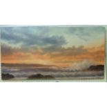 Tim Thompson: an unframed oil on canvas depicting a seascape at sunset - signed