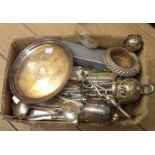 A box containing a large quantity of silver plated cutlery, small salver, call bell, etc.