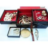 A vintage leather concertina jewellery case with costume jewellery and Roamer wristwatch contents