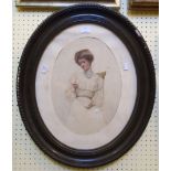 Irene Churchill: a stained wood oval framed portrait of a seated lady details verso - 15" X 11"