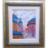 A. Krasnyanski: a gilt framed oil on canvas townscape with figures, signed - 11¼" X 9"