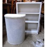 A later painted Lloyd Loom style three shelf open bookcase and similar demi-lune laundry basket