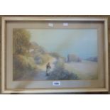 John White: a framed watercolour, depicting a bucolic scene with young woman on track and