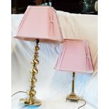 Two brass table lamps with matching shades