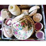 A box containing a Crown Staffordshire part tea set, four Royal Doulton Brambly Hedge tea plates and