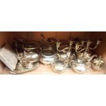 A quantity of silver plated items including three piece tea set, two other teapots, pair of