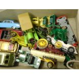 A box containing a collection of Lesney, Dinky and Corgi model vehicles including James Bond DB9 and