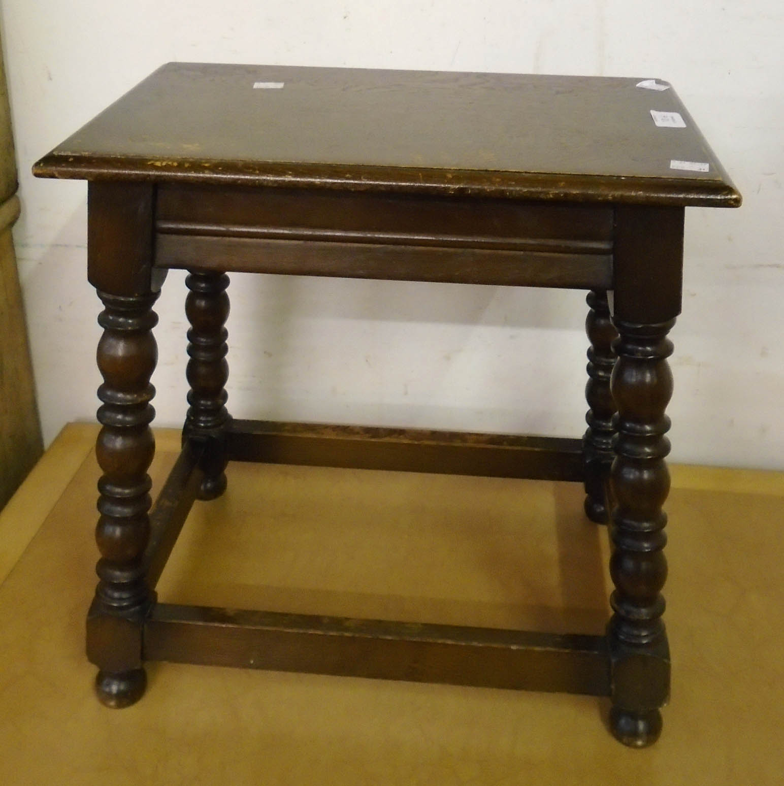 A polished oak standard lamp with semi-reeded pillar and circular base - sold with a reproduction