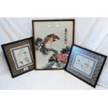 Two framed Chinese silk panels with woven flowers - sold with a framed Japanese machine