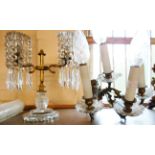 A twin branch candelabrum with decorative glass lustres - sold with a triple branch wall light