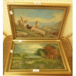 Enly: two gilt framed oils on canvas, one depicting sheep the other a pastoral view