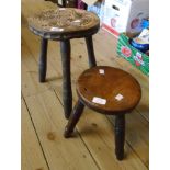 An antique carved oak milking stool with Celtic lock design to top - sold with a small rustic