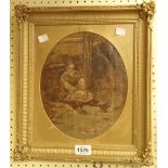 A gilt framed oil on canvas in gilt oval mount, depicting two children