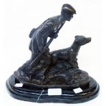 A bronzed hunter with dog on stepped marble base, inscribed MENE
