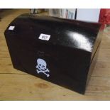 A small domed lift-top box with black finish and pirate logo