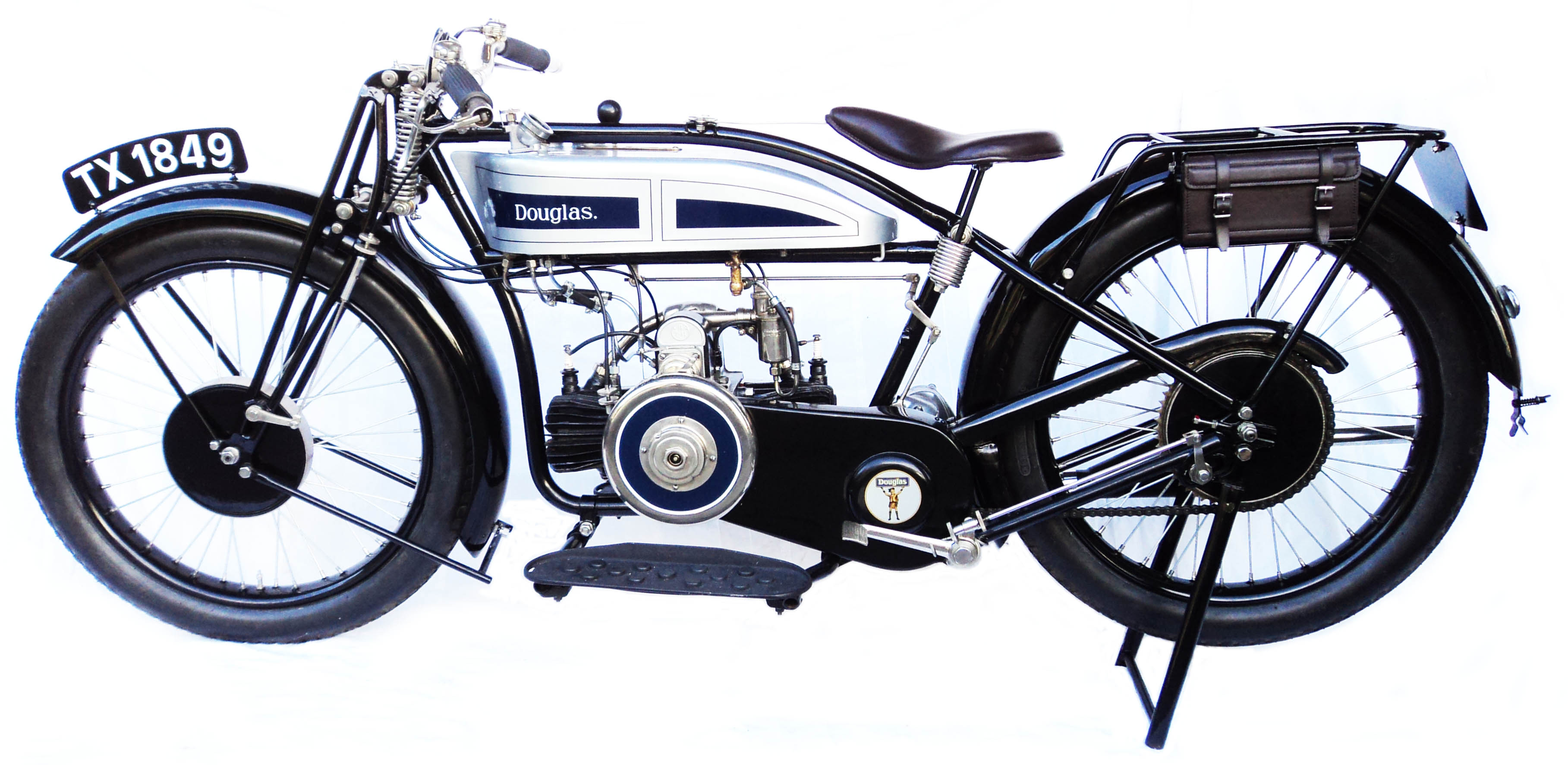 A 1926 Douglas EW 348cc fore-and-aft flat twin motorcycle with fixed head side valve and outside