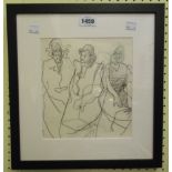 †R. O. Lenkiewicz: an ebonised framed pencil and ink sketch depicting three figures - Residents at