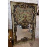 An antique style gilded and print decorated ornate wall mirror - 5' X 36"