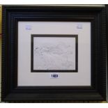 †R. O. Lenkiewicz: an ornate ebonised framed ink sketch inscribed to "Paula" - signed - 5 1/4" X 6