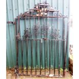 A pair of black painted and parcel gilt ornate wrought iron gates with fruit and foliage