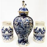 Two 18th Century Delft apothecary jars - sold with a Delft temple jar (a/f)