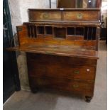 A 36" 19th Century three part camphor wood campaign sectretaire chest with flush brass handles,