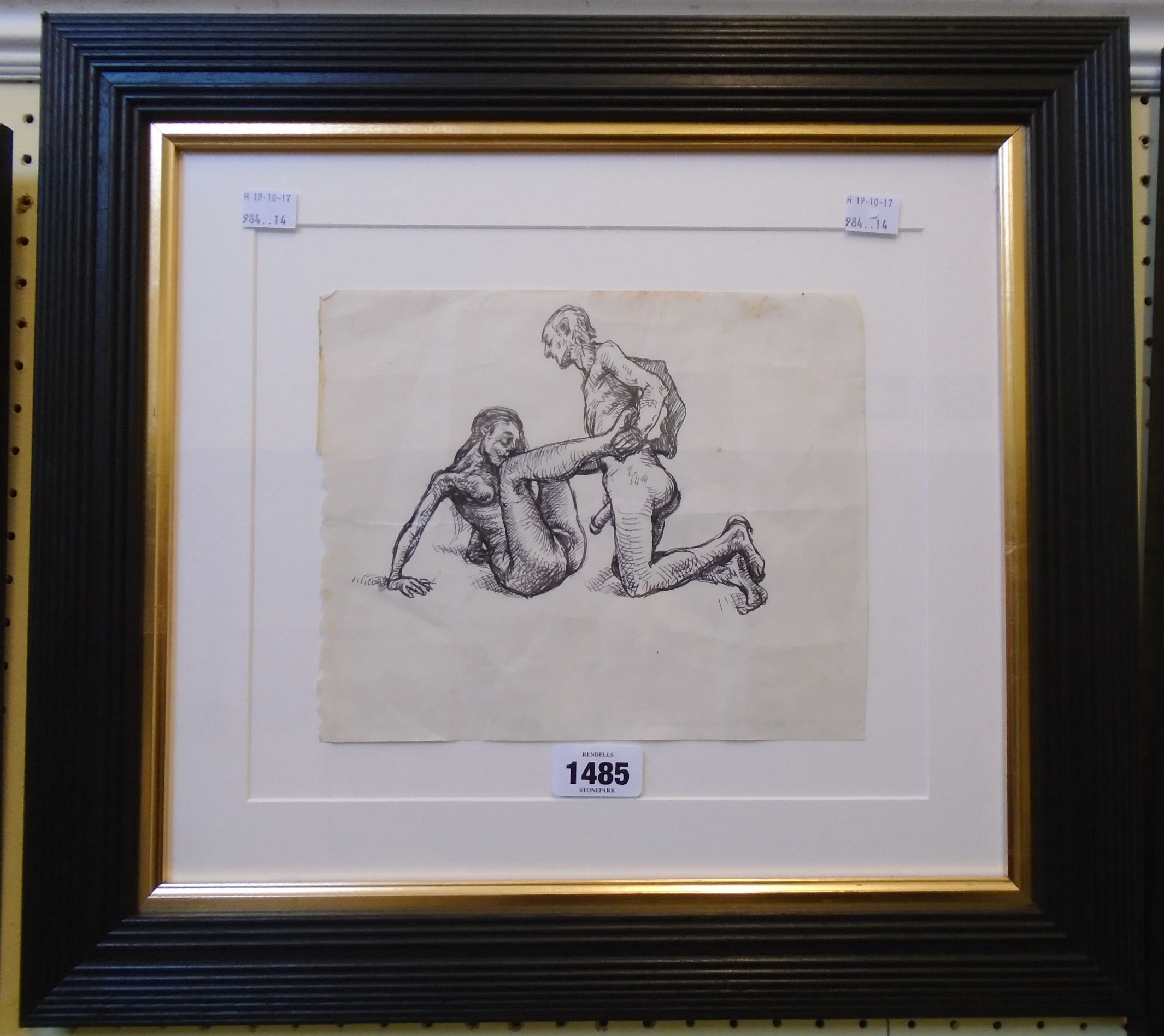 †R. O. Lenkiewicz (attributed): a typical ebonised reeded framed ink sketch, nude couple - 7 1/2"