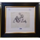 †R. O. Lenkiewicz (attributed): a typical ebonised reeded framed ink sketch, nude couple - 7 1/2"