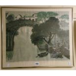 A framed limited edition Japanese print depicting a river view - signed, dated 1987 and numbered