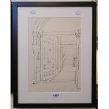 †R. O. Lenkiewicz: an ebonised framed ink sketch depicting the entrance and hallway of the Hotel