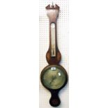 A 19th Century inlaid mahogany banjo barometer case with thermometer scale and silvered dial