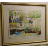 Richard Tuff: a modern gilt framed print depicting a harbour and houses