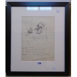 †R. O. Lenkiewicz: an ebonised framed ink and pencil sketch with "Two Little Birds" verse under -