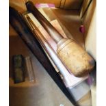 A wooden mason's mallet, an old dibber, Victorian small glass measure in leather case, etc.
