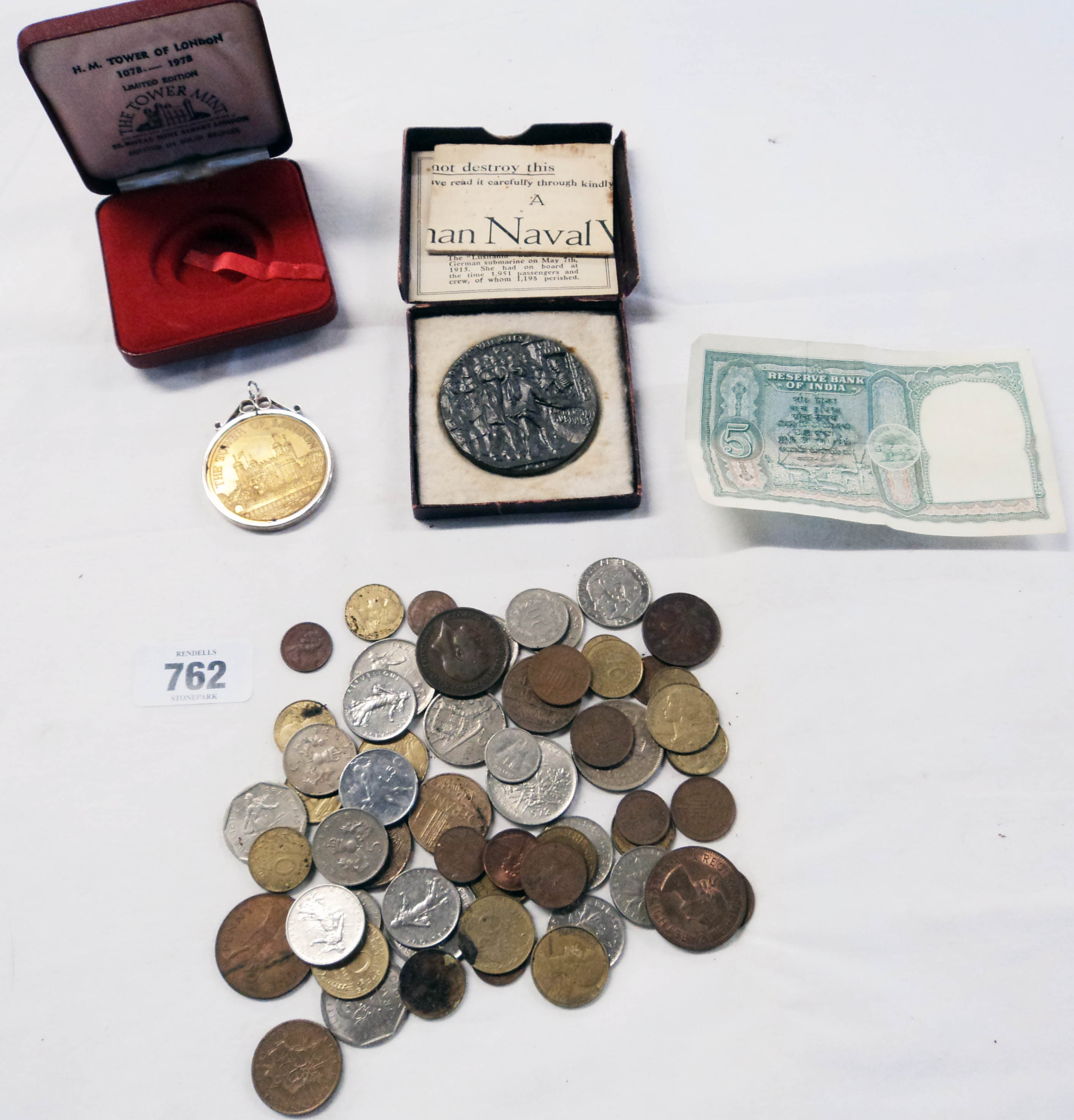 A small quantity of Great British and foreign coinage - sold with a bronze Tower of London medallion