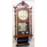 A 19th Century ornate inlaid walnut cased wall clock with printed dial, mercury effect pendulum,