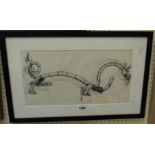 †R. O. Lenkiewicz: an ebonised framed ink drawing of a stylised dragon - studio stamp - 8 3/4" X