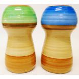 A harlequin pair of 9" Shelley ribbed and bulbous topped vases in different colourways