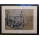 †R. O. Lenkiewicz: an ebonised framed charcoal drawing entitled "Swing" - info verso - studio