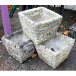 Three 9 1/2" square planters with stonewall profile