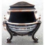 A 21" Georgian style fire basket with brass finials and swept scroll front supports - marked for