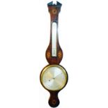 A 19th Century inlaid mahogany cased banjo barometer/thermometer with silvered scale and dial marked