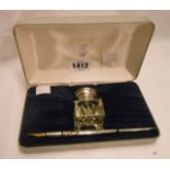 A cased silver topped glass inkwell and matching dip pen - London 1989