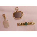 A marked 750 emerald, seed pearl and tiny diamond pendant, a 9ct. swivel fob and an opal pendant