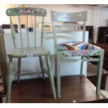 Two painted wood framed chairs, both with barge work style floral decoration, one with decorative