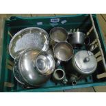 A crate containing a small quantity of silver plated items including rose bowl and two small