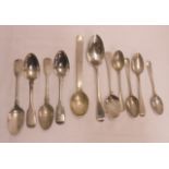 Four silver fiddle pattern teaspoons, handmade pickle spoon and six other silver spoons - various