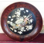 A Japanese circular Shibayama wall plaque with cockerel, hen and chick decoration