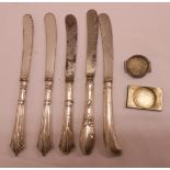 Five silver handled butter knives - sold with two silver watch cases