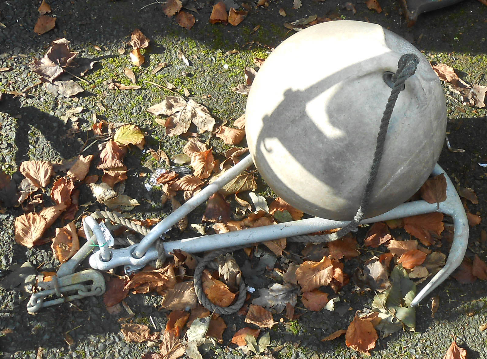 A painted metal fluke anchor and a bouy